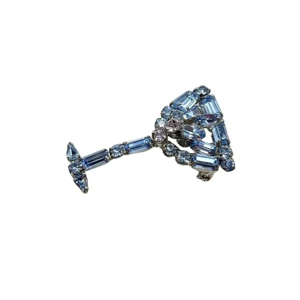 Blue Glass Rhinestone Large Silver Tone Wine Glass Vintage Brooch